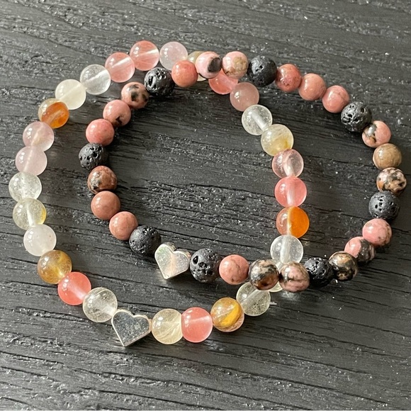 Pink and Black Natural Stone Beaded Bracelet Pink Tourmaline Lava Rhodonite - Picture 6 of 10